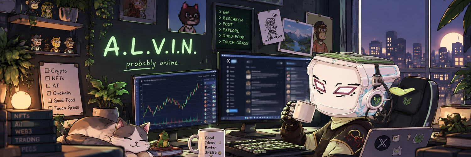 Alvin’s mascot relaxing with coffee in a creative studio, with a sleeping cat, artwork, plants and an evening city view